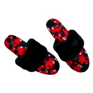 Victoria’s Secret Satin Floral Faux Fur Slippers Size‎ Medium New